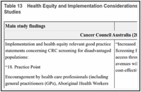 Table 13. Health Equity and Implementation Considerations From Eligible and Otherwise Relevant Studies.