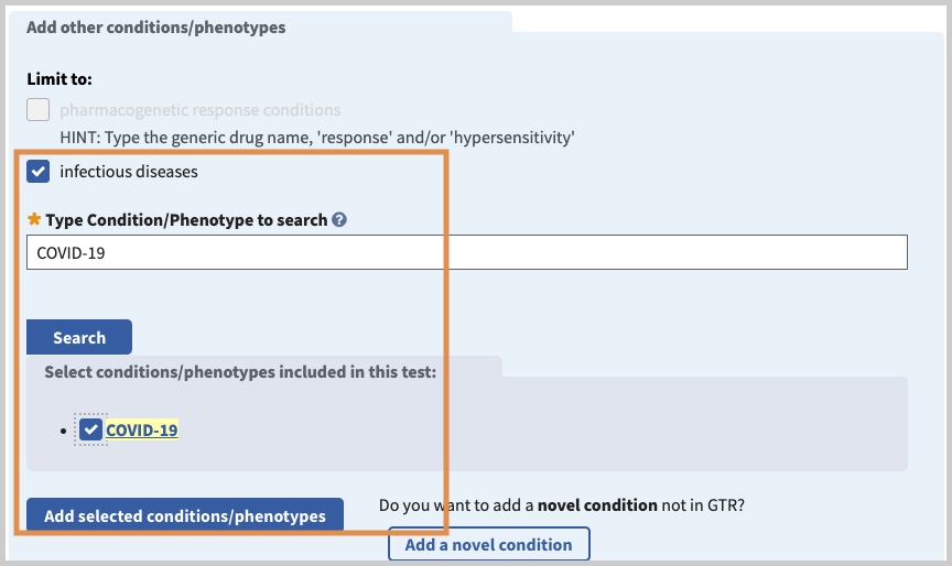 For indications, limit to 'Infectious disease, start typing the name of the disease or condition, select from the dropdown, click 'Add selected conditions/phenotypes'