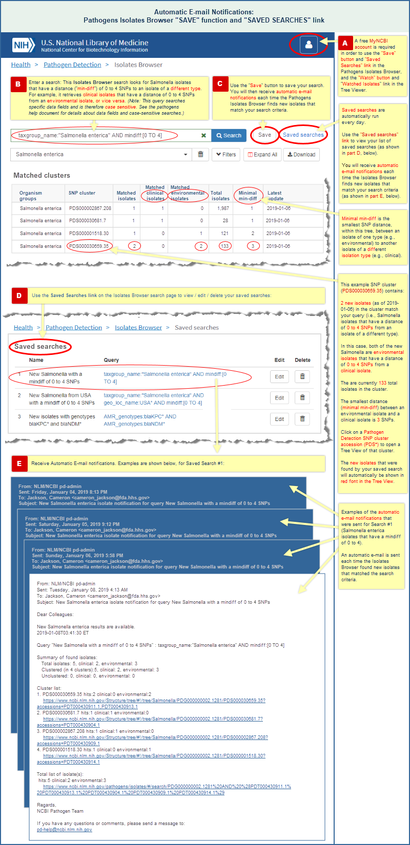 Illustrated example of the Pathogens Isolates Browser SAVE function, and including an example of an automatic e-mail message that contains a notification of new isolates that match the saved search.