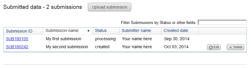 Example of a submitter-specific summary of files uploaded