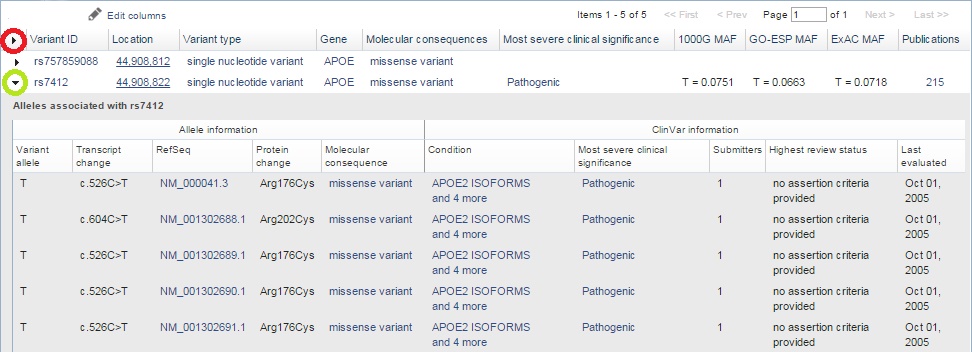 Variant Table, showing alleles and toggle buttons